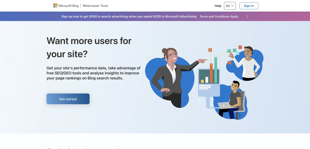 Bing Webmaster Tools landing page describing the free Backlinks tool