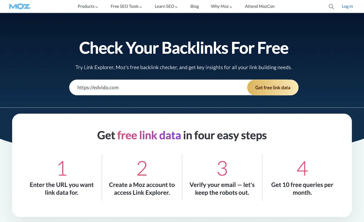 Moz Link Explorer landing page: create a Moz account and verify your email to get 10 free queries per month