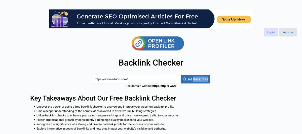OpenLinkProfiler backlink checker page with edvido.com entered