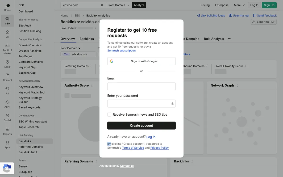 Semrush Backlink Analytics for edvido.com without an account: a Register to get 10 free requests wall over blank widgets