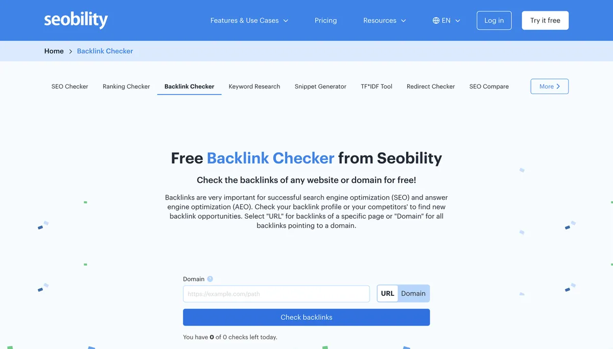 Seobility free Backlink Checker showing You have 0 of 0 checks left today