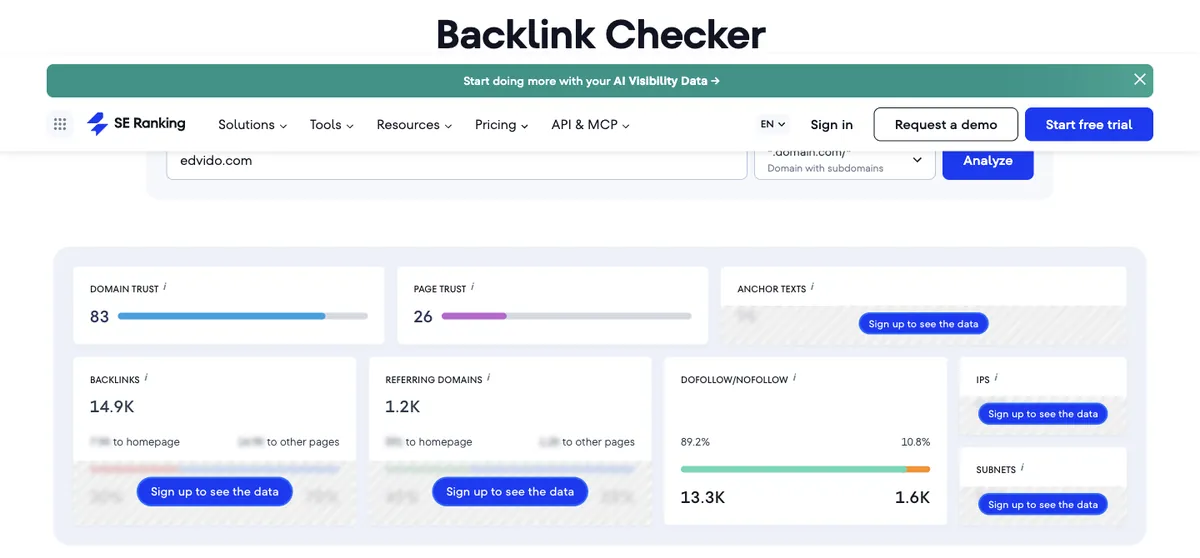 SE Ranking free Backlink Checker result for edvido.com: Domain Trust 83, 14.9K backlinks, 1.2K referring domains, 89.2% dofollow