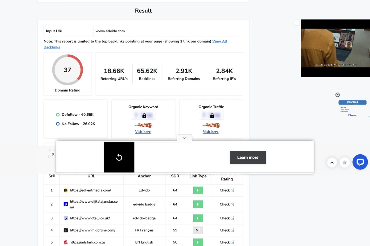 Small SEO Tools backlink checker result for edvido.com: 65.62K backlinks, 2.91K referring domains, with ad overlays